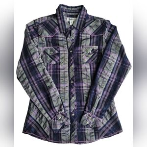 Adiktd Western Plaid Snap Shirt M Purple Embellished Rhinestone